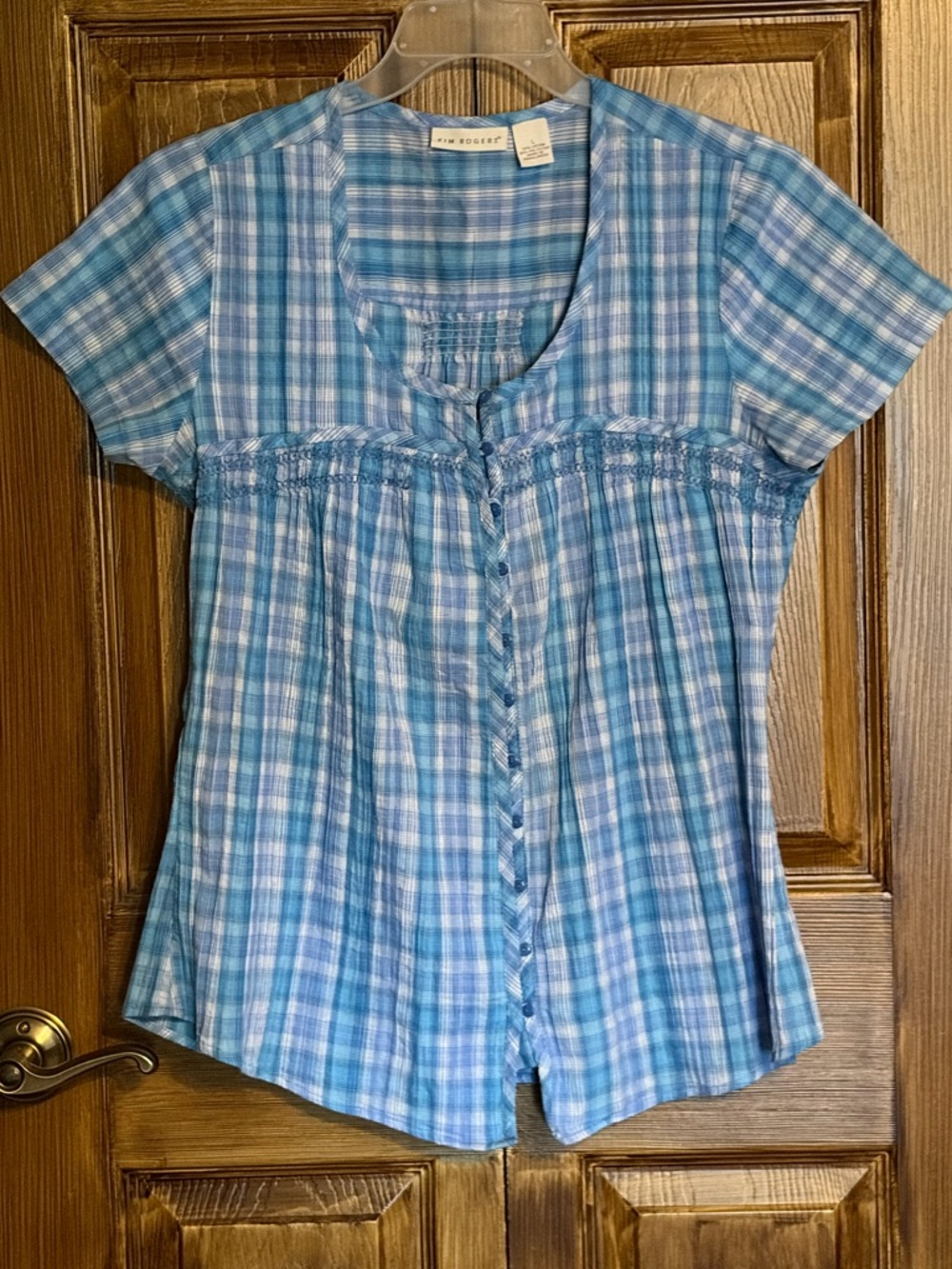 Kim Rogers Blue Plaid Short-Sleeve Button Front Top